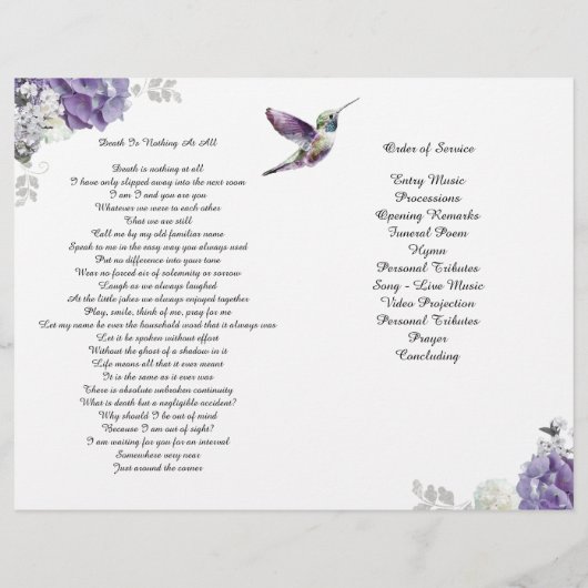 Lavender Hydrangea Hummingbird FuneralFlyer Flyer (Achterkant)