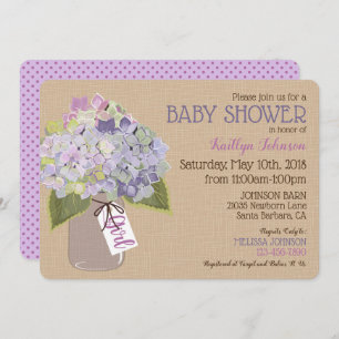 Lavender Hydrangea Mason Jar Rustic Baby shower Kaart