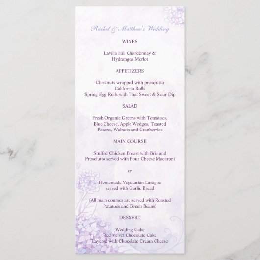Lavender Hydrangeas Long Vertical Wedding Menu (Voorkant)