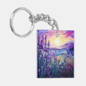 Lavender in field, mountain background keychain (Voorkant Links)