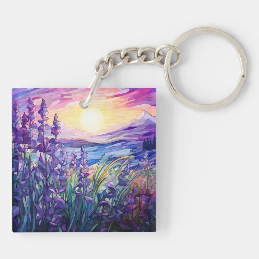 Lavender in field, mountain background keychain (Achterkant)