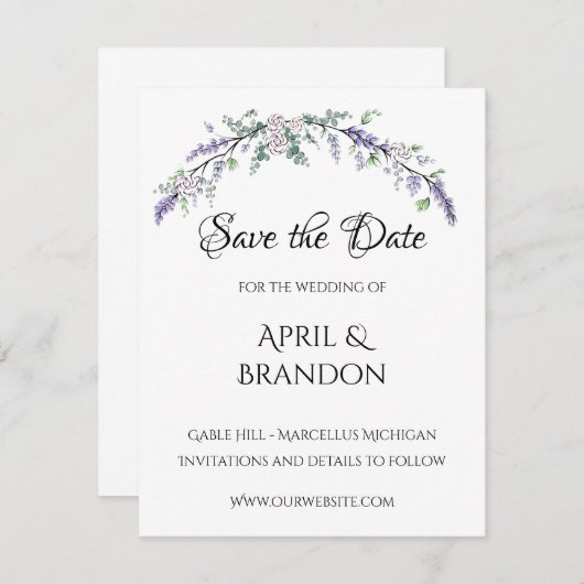 Lavender Ivory Roos en Eucalyptus Save The Date (Voorkant / Achterkant)