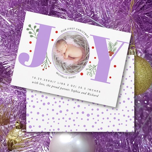 Lavender Joy eerste kerstfoto baby geboorte Aankondiging