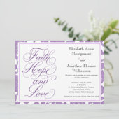 Lavender Lace Script Faith Hope & Love Wedding Kaart (Staand voorkant)