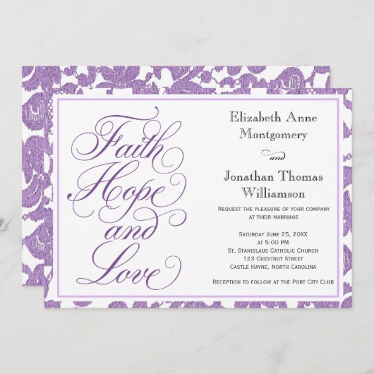 Lavender Lace Script Faith Hope & Love Wedding Kaart (Voorkant / Achterkant)