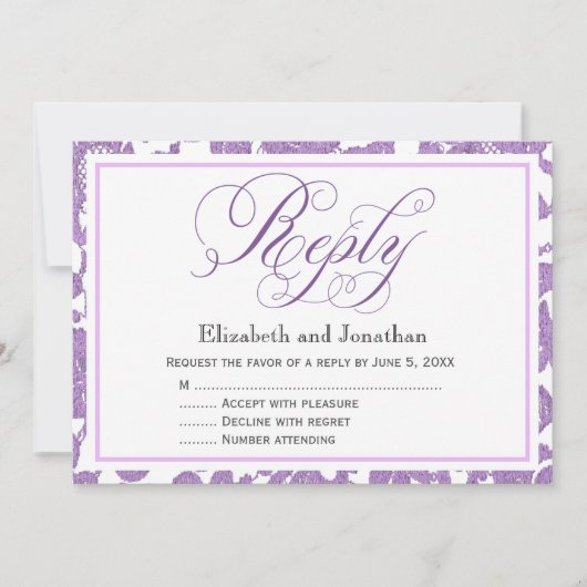 Lavender Lace Script Reply RSVP Enclosure Card Kaart (Voorkant)