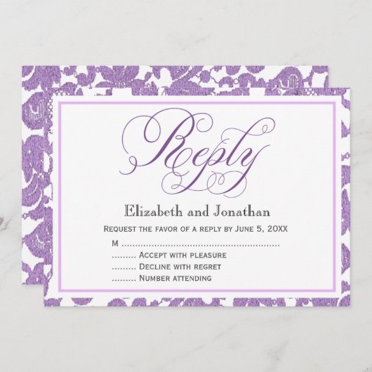 Lavender Lace Script Reply RSVP Enclosure Card Kaart (Voorkant / Achterkant)