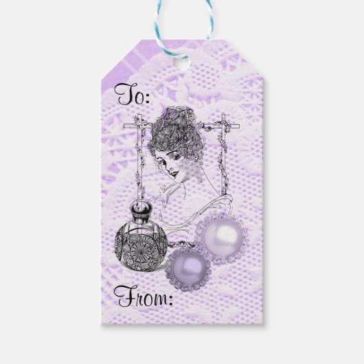 Lavender Lady Perfume Lace & Rhinestones Gift Labe Cadeaulabel (Voorkant)