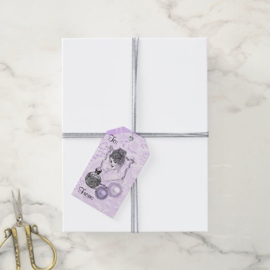 Lavender Lady Perfume Lace & Rhinestones Gift Labe Cadeaulabel (Met Touw)