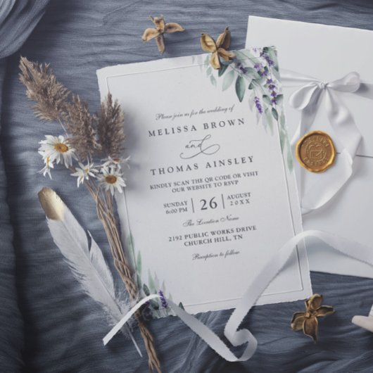 Lavender Leaves Rustic Elegant QR Code Wedding Kaart