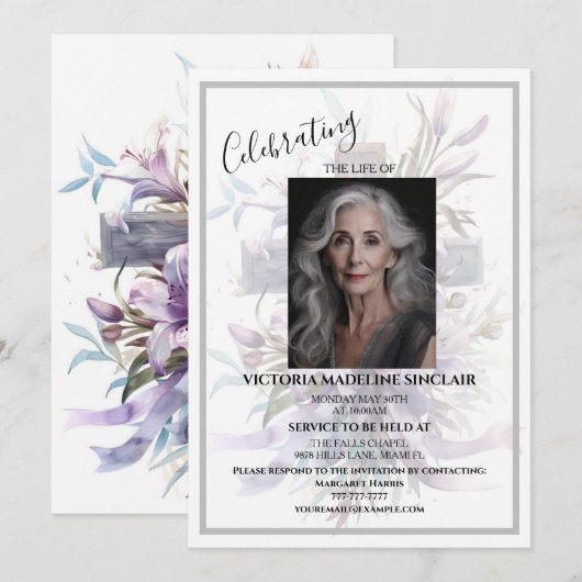Lavender life of Photo Funeral Invitation Kaart (Voorkant / Achterkant)