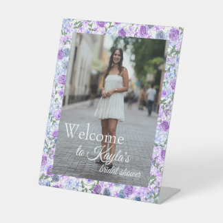Lavender, Light Blue Roses Bridal Shower Welcome Reclamebord Met Voetstuk