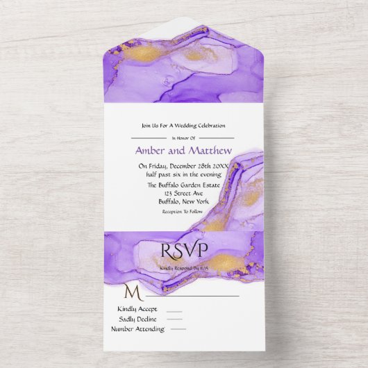 Lavender Lila Alcohol Ink Weddenschap Alle in één All In One Uitnodiging (Binnen)