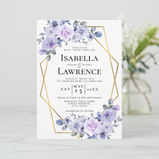 Lavender Lila Floral Gold Lijst Elegant Wedding Kaart (Staand voorkant)