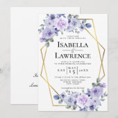 Lavender Lila Floral Gold Lijst Elegant Wedding Kaart (Voorkant / Achterkant)