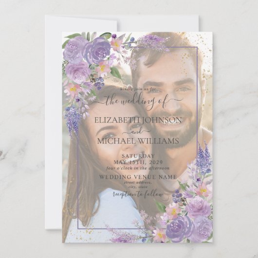 Lavender Lila Gold Vellum Overlay Photo Wedding Kaart (Voorkant)