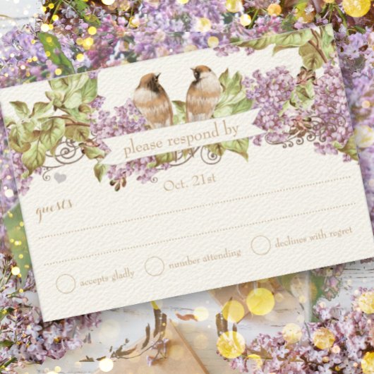 Lavender Lila Love Bird Wedding RSVP Kaartje
