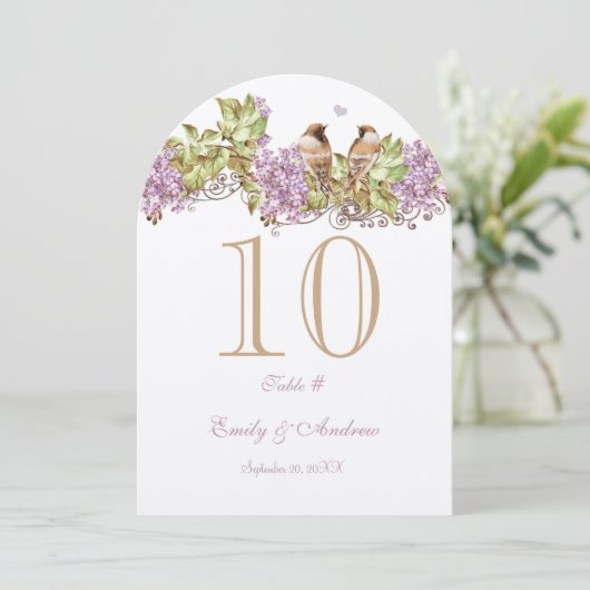Lavender Lila Love Bird Wedding Table Number Kaart (Staand voorkant)