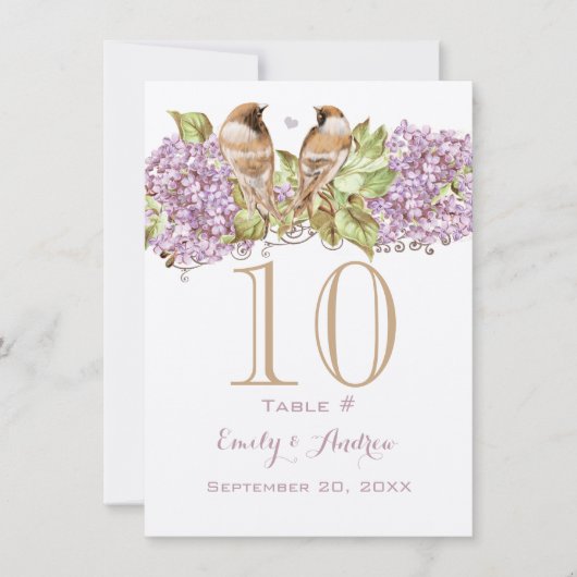Lavender Lila Love Bird Wedding Table Number Kaart (Voorkant)