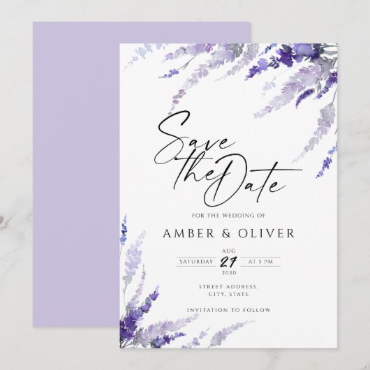 Lavender Lila Mauve Floral Elegant Save the Date Kaart (Voorkant / Achterkant)