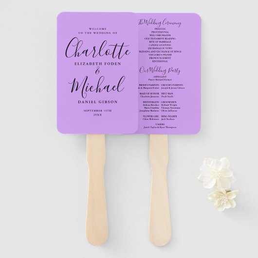 Lavender Lila Orchid Script Wedding Program Handwaaier (Voorkant en achterkant)