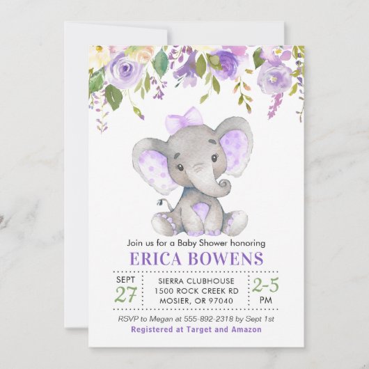 Lavender Lila Paars Girl Elephant Baby shower Kaart (Voorkant)