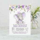 Lavender Lila Paars Girl Elephant Baby shower Kaart (Staand voorkant)