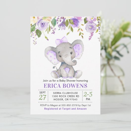 Lavender Lila Paars Girl Elephant Baby shower Kaart (Staand voorkant)