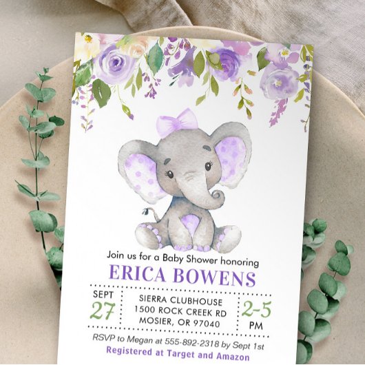 Lavender Lila Paars Girl Elephant Baby shower Kaart