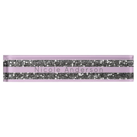 Lavender Lila Paars Silver Glitter Stripes Naambordje (Voorkant)
