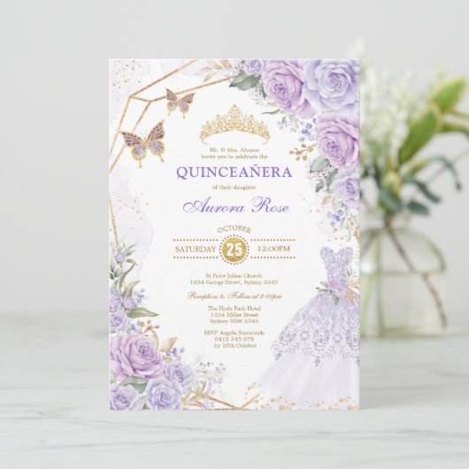 Lavender Lila Rozen Quinceañera Princess Birthday Kaart (Staand voorkant)