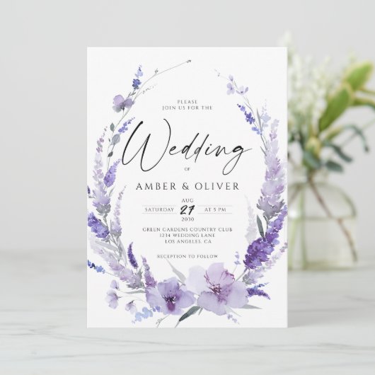 Lavender Lila Violet Elegant Modern Wedding Kaart (Staand voorkant)