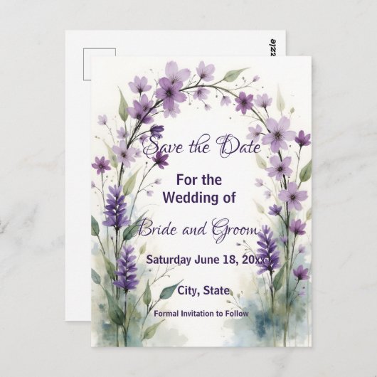 Lavender & Lilac Floral Arch Save the Date Briefkaart (Voorkant / Achterkant)