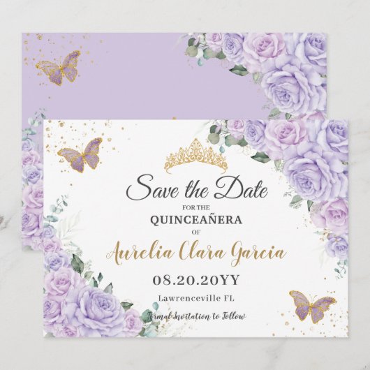 Lavender Lilac Floral Quinceañera 15 Save the Date (Voorkant / Achterkant)