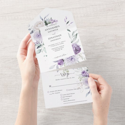 Lavender Lilac Purple Peonies Greenery Wedding All In One Uitnodiging (Afscheurbaar)