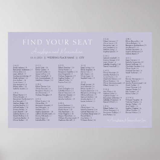 Lavender Lilac Wedding Alphabetical Seating Chart Poster (Voorkant)