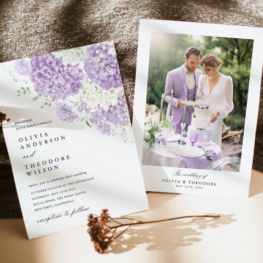 Lavender Lilac White Floral Photo Wedding Kaart