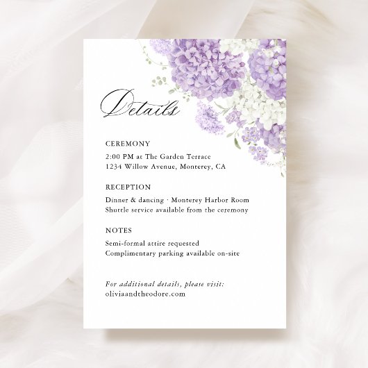 Lavender Lilac White Floral Wedding Details, Info Informatiekaartje
