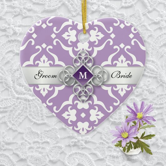 Lavender Lily Damask Wedding Momento Keramisch Ornament