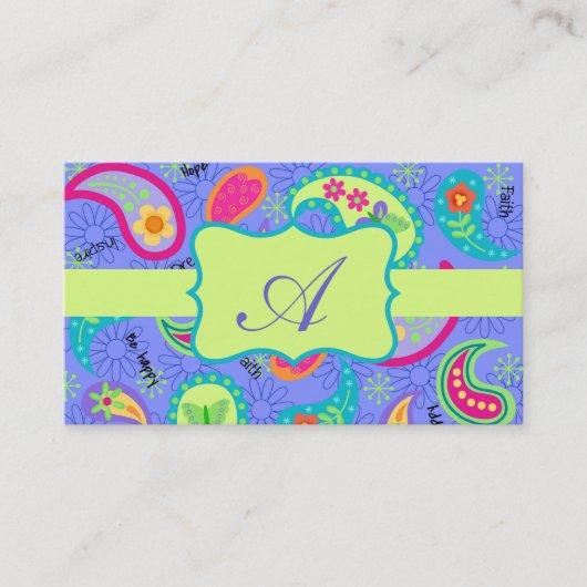 Lavender Lime Green Modern Paisley Monogram Visitekaartje (Voorkant)
