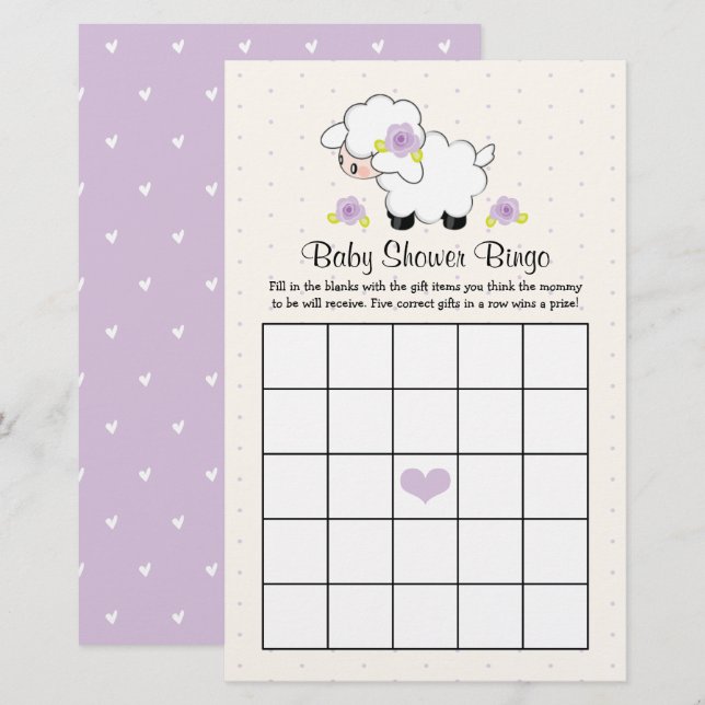 Lavender Little Lamb Baby shower Bingo (Voorkant / Achterkant)