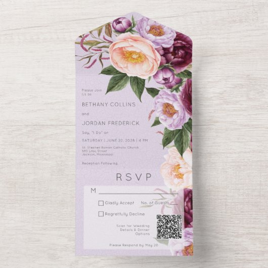  Lavender Maroon & Peach Peonies QR Code All In One Uitnodiging (Binnen)