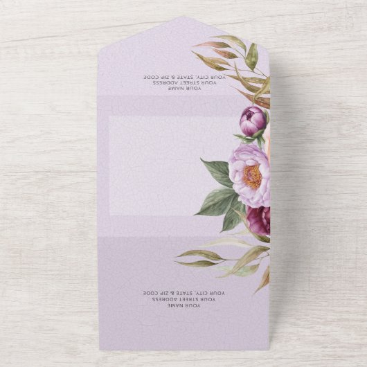 Lavender Maroon & Peach Peonies QR Code All In One Uitnodiging (Buitenkant)