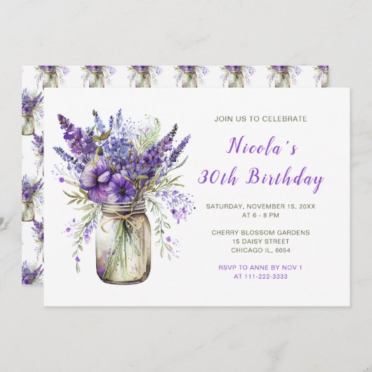 Lavender Mason Jar verjaardagsfeestje Kaart (Voorkant / Achterkant)