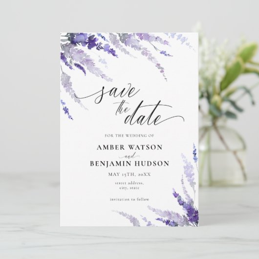 Lavender Mauve Floral Lila Paars sparen de datum Kaart (Staand voorkant)