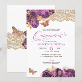 Lavender Mauve Rozen & Lace Butterfly Quinceañera Kaart