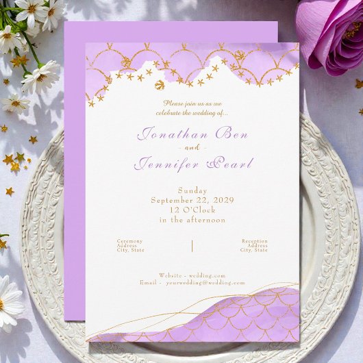 Lavender Mermaid Gold Wedding Invitation Kaart