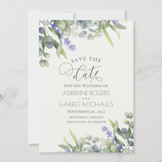 Lavender met Eucalyptus en Greenery Wedding Save The Date (Voorkant)