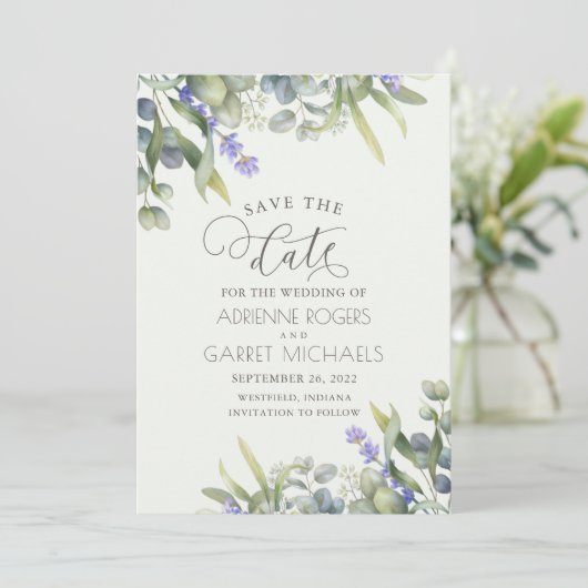 Lavender met Eucalyptus en Greenery Wedding Save The Date (Staand voorkant)
