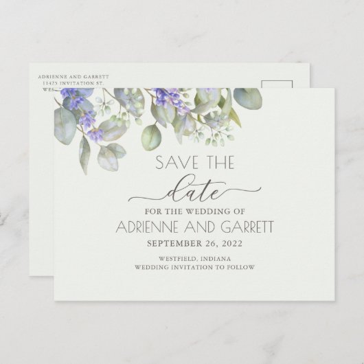 Lavender met Eucalyptus Sla de datum op Aankondigingskaart (Voorkant / Achterkant)